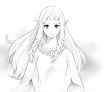  1girl bangs closed_mouth collarbone dante07180 dress english_commentary greyscale hair_ornament highres long_hair looking_at_viewer monochrome pointy_ears princess_zelda sidelocks simple_background smile solo the_legend_of_zelda the_legend_of_zelda:_skyward_sword upper_body white_background 