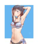  1girl arm_behind_head armpits arms_up bangs bikini black_hair blue_background blue_bikini blue_eyes blunt_bangs border commentary english_commentary eyebrows highres junintheday looking_at_viewer midriff navel parted_bangs parted_lips ponytail side-tie_bikini sidelocks simple_background solo ssss.gridman striped striped_bikini striped_swimsuit swimsuit takarada_rikka teeth tied_hair white_bikini white_border 