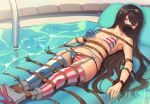  1girl alternate_costume american_flag_bikini american_flag_legwear bdsm bikini black_hair bondage bound breasts cloth_gag commission flag_print gag gagged garter_belt headgear highres improvised_gag kaddo kantai_collection large_breasts long_hair lying mismatched_legwear nagato_(kancolle) navel on_back red_eyes rope solo striped striped_legwear swimsuit thigh-highs 