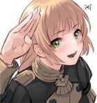  1girl :d artist_name bangs black_jacket blonde_hair blush commentary_request da-cart eyebrows_visible_through_hair fire_emblem fire_emblem:_three_houses fire_emblem_heroes garreg_mach_monastery_uniform green_eyes hand_up highres ingrid_brandl_galatea jacket long_hair long_sleeves looking_at_viewer open_mouth signature simple_background smile solo upper_body white_background 