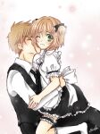  1boy 1girl apron back_bow black_bow black_neckwear black_pants black_skirt black_vest blush bow brown_hair cardcaptor_sakura cheek_kiss collared_shirt frilled_apron frilled_skirt frills girl_on_top green_eyes hair_bow hetero kanaoto_neiro kinomoto_sakura kiss kneehighs li_xiaolang long_sleeves looking_at_viewer looking_away maid miniskirt necktie one_eye_closed pants pleated_skirt shiny shiny_hair shirt short_hair short_sleeves signature sketch skirt thigh_strap two_side_up vest white_apron white_bow white_legwear white_shirt wing_collar 