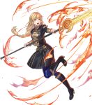  1girl ahoge aureolin31 bangs black_footwear black_jacket black_skirt blonde_hair blue_legwear boots fire fire_emblem fire_emblem:_three_houses fire_emblem_heroes full_body garreg_mach_monastery_uniform green_eyes high_heel_boots high_heels highres holding holding_spear holding_weapon ingrid_brandl_galatea jacket long_hair long_sleeves looking_at_viewer luin_(fire_emblem) official_art open_mouth pantyhose polearm skirt skirt_set solo spear transparent_background very_long_hair weapon 