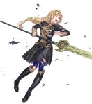  1girl ahoge aureolin31 bangs black_footwear black_jacket black_skirt blonde_hair blue_legwear boots fire_emblem fire_emblem:_three_houses fire_emblem_heroes full_body garreg_mach_monastery_uniform green_eyes high_heel_boots high_heels highres holding holding_spear holding_weapon ingrid_brandl_galatea jacket long_hair long_sleeves looking_at_viewer luin_(fire_emblem) official_art one_eye_closed open_mouth pantyhose polearm skirt skirt_set solo spear torn_clothes torn_jacket torn_legwear torn_skirt transparent_background very_long_hair weapon 