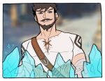  1boy bandaged_arm bandages beard belt black_eyes black_hair blurry blurry_background closed_mouth crystal damaredraws facial_hair genshin_impact looking_at_viewer male_focus muscular muscular_male mustache see-through shirt solo sparkle wagner_(genshin_impact) 