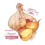  english_text food food_focus garlic highres momiji_mao no_humans original realistic signature simple_background still_life translation_request white_background 