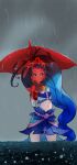  1girl blue_eyes blue_hair blue_skirt blush clouds cloudy_sky commentary_request cure_mermaid detached_sleeves earrings eyelashes go!_princess_precure hair_ornament highres holding holding_umbrella jewelry kaidou_minami long_hair looking_at_viewer magical_girl midriff multicolored_hair navel pleated_skirt precure purple_hair rain red_umbrella rikito1087 shell skirt sky solo standing streaked_hair two-tone_hair umbrella very_long_hair 