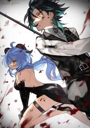  1boy 1girl ahoge alternate_costume aqua_hair bangs black_dress black_footwear black_gloves black_hair black_pants black_vest blood blue_hair breasts closed_mouth dress elbow_gloves facial_mark forehead_mark formal ganyu_(genshin_impact) genshin_impact gloves goat_horns hair_between_eyes horns leg_up long_hair long_sleeves maka_(morphine) pants polearm shirt thigh_strap vest violet_eyes weapon white_shirt xiao_(genshin_impact) yellow_eyes 