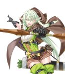  1girl arrow_(projectile) bangs bare_arms black_gloves bow bow_(weapon) brown_cape brown_shorts cape drawn_bow elf eyebrows_visible_through_hair gloves goblin_slayer! green_eyes green_hair hair_bow hair_ornament high_elf_archer_(goblin_slayer!) highres holding holding_bow_(weapon) holding_weapon kannatsuki_noboru knife long_hair non-web_source novel_illustration official_art pointy_ears ponytail quiver shirt shorts simple_background sleeveless sleeveless_shirt solo thigh-highs weapon white_background 