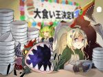  2girls ahoge banner blonde_hair blurry blurry_background bowl bowl_stack cloak commentary dogmatika_ecclesia_the_virtuous dragon dragon_girl dragon_horns dragonmaid_parla duel_monster eater_of_millions gloves green_cloak green_eyes green_hair grey_eyes hair_ornament hair_rings highres holding holding_bowl horns hungry_burger long_hair maid maid_headdress multiple_girls odd-eyes_pendulum_dragon official_alternate_costume open_mouth ponytail shaded_face sharp_teeth slit_pupils spiral_eyes tearing_up teeth translated twintails yasososu yellow_eyes yu-gi-oh! yu-gi-oh!_arc-v 