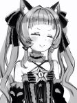  1girl :&gt; =_= animal_ears bare_shoulders blush cat_ears detached_sleeves dress earrings facing_viewer flat_chest frilled_ribbon frills greyscale hair_ribbon highres hololive jewelry long_hair monochrome murasaki_shion nanashi_(nlo) ribbon simple_background smile solo triangle_earrings twintails upper_body white_background 