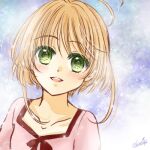  1girl :d ahoge bangs blonde_hair blush cardcaptor_sakura collarbone eyebrows_visible_through_hair green_eyes hair_between_eyes kanaoto_neiro kinomoto_sakura looking_at_viewer lowres open_mouth pink_shirt portrait red_ribbon ribbon shirt short_hair_with_long_locks sidelocks signature smile solo 