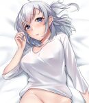  1girl bed_sheet blush breasts eyebrows_visible_through_hair grey_eyes groin highres kantai_collection kiritto large_breasts long_hair long_sleeves one_side_up open_mouth shirt silver_hair solo suzutsuki_(kancolle) sweat upper_body white_shirt 
