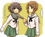  2girls akiyama_yukari girls_und_panzer japanese_text monsieur nishizumi_miho ooarai_school_uniform sailor_collar scarf scarf_pull simple_background 