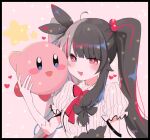  1girl :d bangs black_border black_bow black_hair blush blush_stickers border bow bowtie breasts commentary_request gloves hair_ornament hair_ribbon hand_up heart highres kirby kirby_(series) letterboxed lolowv long_hair looking_at_viewer multicolored_hair nijisanji open_mouth pink_hair puffy_short_sleeves puffy_sleeves red_bow red_eyes redhead ribbon short_sleeves smile streaked_hair striped twintails two-tone_hair upper_body virtual_youtuber white_gloves yorumi_rena 