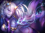  1girl alternate_costume armlet bare_shoulders blue_eyes collarbone colored_skin constellation facial_mark fingerless_gloves fingernails gloves hair_between_eyes league_of_legends long_hair looking_at_viewer nami_(league_of_legends) nyaamen_fork parted_lips purple_gloves purple_skin smile solo sparkle spikes twintails violet_eyes white_hair 