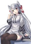  1girl amatsukaze_(kancolle) black_legwear brown_eyes coat cowboy_shot dress fang grey_coat hair_tubes head_tilt highres hood hooded_dress hoodie kantai_collection knck long_hair official_alternate_costume silver_hair simple_background sitting skin_fang solo thigh-highs two_side_up white_background white_dress windsock 