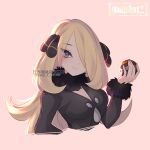  1girl black_coat blonde_hair closed_mouth coat commentary commission cynthia_(pokemon) english_commentary eyelashes fur-trimmed_coat fur_collar fur_trim grey_eyes hair_ornament hair_over_one_eye hand_up holding holding_poke_ball long_hair looking_at_viewer luxury_ball nyamuh pink_background poke_ball pokemon pokemon_(game) pokemon_dppt simple_background smile solo upper_body watermark web_address 