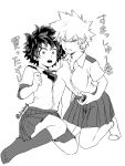  2girls :o angry artist_name bakugou_katsuki boku_no_hero_academia eyelashes freckles highres j_nobu4 looking_at_viewer messy_hair midoriya_izuku monochrome multiple_girls necktie open_mouth school_uniform shirt short_hair signature simple_background sitting skirt socks spiky_hair translation_request u.a._school_uniform white_background 