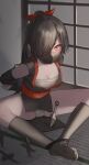  1girl arms_behind_back bandages black_hair black_kimono bound bound_ankles bound_arms commentary_request grey_legwear hair_over_one_eye hair_ribbon highres indoors japanese_clothes jfjf kimono kneehighs kunai long_hair mask mouth_mask ninja no_shoes orange_eyes original panties red_ribbon restrained ribbon sarashi short_kimono shuriken sleeveless sleeveless_kimono solo spread_legs tatami thighs underwear weapon 