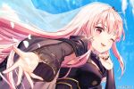  1girl belt black_dress blue_sky clouds cloudy_sky crunchyroll diadem dress gold_trim hololive hololive_english long_hair mori_calliope one_eye_closed petals pink_eyes pink_hair reaching_out rosuuri sky veil 