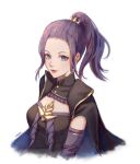  1girl absurdres artist_name black_coat blue_eyes closed_mouth coat detached_sleeves hair_ornament highres long_hair original ponytail purple_hair purple_sleeves shiny shiny_hair sidelocks simple_background smile solo white_background zieru 