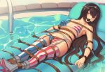  1girl alternate_costume american_flag_bikini american_flag_legwear ball_gag bdsm bikini black_hair bondage bound breasts commission flag_print gag gagged garter_belt headgear highres kaddo kantai_collection large_breasts long_hair lying mismatched_legwear nagato_(kancolle) navel on_back red_eyes rope solo striped striped_legwear swimsuit thigh-highs 