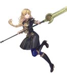  1girl ahoge aureolin31 bangs black_footwear black_jacket black_skirt blonde_hair blue_legwear boots fire_emblem fire_emblem:_three_houses fire_emblem_heroes full_body garreg_mach_monastery_uniform green_eyes high_heel_boots high_heels highres holding holding_spear holding_weapon ingrid_brandl_galatea jacket long_hair long_sleeves looking_at_viewer luin_(fire_emblem) official_art pantyhose polearm skirt skirt_set solo spear transparent_background very_long_hair weapon 