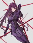  1girl absurdres arm_up bangs bodysuit breasts capelet dual_wielding fate/grand_order fate_(series) gae_bolg_(fate) grey_background hair_between_eyes highres holding holding_weapon kazukingu large_breasts long_hair pink_eyes polearm purple_bodysuit purple_hair scathach_(fate) scathach_(fate)_(all) sidelocks simple_background solo spear weapon 