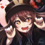  1girl absurdres acrylicstroke black_headwear black_nails brown_hair fang flower-shaped_pupils genshin_impact ghost hands_up highres hu_tao huge_filesize open_mouth portrait red_eyes solo teeth 