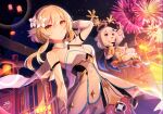  2girls aerial_fireworks arm_behind_head arm_up bangs bare_shoulders blonde_hair blurry blurry_background boots breasts commentary_request depth_of_field detached_sleeves dress eyebrows_visible_through_hair fireworks flower genshin_impact goroo_(eneosu) hair_between_eyes hair_flower hair_ornament halo highres long_hair long_sleeves lumine_(genshin_impact) medium_breasts multiple_girls night night_sky outdoors paimon_(genshin_impact) pointing single_thighhigh sky thigh-highs thighhighs_under_boots violet_eyes white_dress white_flower white_footwear white_hair white_legwear white_sleeves yellow_eyes 