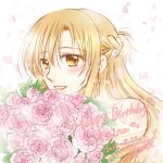  1girl 2019 :d asuna_(sao) bangs blonde_hair bouquet braid brown_eyes character_name dated eyebrows_visible_through_hair floating_hair flower french_braid hair_between_eyes happy_birthday holding holding_bouquet kanaoto_neiro long_hair open_mouth petals pink_flower pink_rose rose shiny shiny_hair shiny_skin signature smile solo sword_art_online upper_body white_background 
