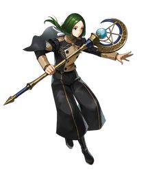  1boy artist_request black_footwear black_jacket black_pants boots fire_emblem fire_emblem:_three_houses fire_emblem_heroes full_body garreg_mach_monastery_uniform green_eyes green_hair highres holding holding_staff jacket linhardt_von_hevring long_hair long_sleeves looking_at_viewer low_ponytail male_focus official_art pants ponytail staff transparent_background 