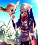  1girl akihorisu black_hair blue_eyes blurry clenched_hand clenched_teeth commentary_request day eyelashes female_protagonist_(pokemon_legends:_arceus) gen_4_pokemon gen_7_pokemon grass hair_scarf hand_up highres lens_flare long_hair looking_at_viewer outdoors pokemon pokemon_(creature) pokemon_(game) pokemon_legends:_arceus ponytail red_scarf rowlet sash scarf shinx sidelocks smile starter_pokemon teeth 