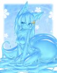  1girl :o animal_ear_fluff animal_ears blue_eyes blue_hair blue_sclera blue_skin blue_theme blush border breasts colored_sclera colored_skin completely_nude curss eyebrows_visible_through_hair fox_ears fox_tail hair_between_eyes hair_ornament highres kneeling large_breasts large_tail long_hair looking_at_viewer monster_girl no_nipples nude original slime_girl solo tail white_border 