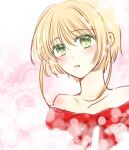  1girl bangs blonde_hair blush bow cardcaptor_sakura collarbone eyebrows_visible_through_hair green_eyes hair_between_eyes hair_intakes kanaoto_neiro kinomoto_sakura lens_flare parted_lips portrait red_bow short_hair_with_long_locks sidelocks solo 