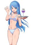  1girl absurdres bangs bikini blue_eyes blue_hair breasts commentary_request cowboy_shot cup drinking_glass gradient_hair highres kantai_collection long_hair looking_at_viewer multicolored_hair samidare_(kancolle) simple_background small_breasts smile solo striped striped_bikini swept_bangs swimsuit tray unakyu very_long_hair waving white_background wine_glass 