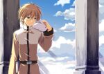  1boy acolyte_(ragnarok_online) animal_on_shoulder bangs belt blue_sky brown_belt brown_hair cassock closed_mouth clouds column commentary_request day eyebrows_visible_through_hair glasses green_eyes hair_between_eyes long_sleeves looking_to_the_side male_focus odawara_hakone outdoors pillar rabbit ragnarok_online short_hair sky smile solo upper_body 