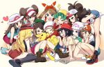  6+girls :d antenna_hair bangs bare_arms beanie bent_over black_hair black_legwear blue_eyes blush boots brown_eyes brown_footwear brown_hair cardigan cheek_pull chin_stroking commentary_request hikari_(pokemon) double_bun dress elaine_(pokemon) game_boy gen_1_pokemon gloria_(pokemon) green_headwear green_legwear green_shorts grey_cardigan hand_up handheld_game_console hat hat_ribbon heart highres hilda_(pokemon) kneeling kris_(pokemon) leaf_(pokemon) leg_warmers lyra_(pokemon) may_(pokemon) multiple_girls open_mouth overalls pikachu pokemon pokemon_(creature) pokemon_(game) pokemon_bw pokemon_bw2 pokemon_dppt pokemon_frlg pokemon_gsc pokemon_hgss pokemon_lgpe pokemon_oras pokemon_platinum pokemon_sm pokemon_swsh pokemon_xy poking raised_eyebrows red_headwear red_skirt ribbon rosa_(pokemon) scarf selene_(pokemon) serena_(pokemon) shirt shoes short_sleeves shorts sidelocks skirt sleeveless sleeveless_shirt smile socks squatting sunglasses tam_o&#039;_shanter thigh-highs tm_(hanamakisan) visor_cap white-framed_eyewear white_headwear white_legwear white_scarf |d 