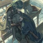  1boy 1girl bench black_legwear blue_cape brown_cape byleth_(fire_emblem) byleth_eisner_(female) cape closed_eyes couple dimitri_alexandre_blaiddyd fire_emblem fire_emblem:_three_houses green_hair hand_in_another&#039;s_hair harusame_(rueken) hetero indoors long_hair pantyhose shiny shiny_hair sitting sitting_on_table 