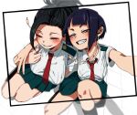  2girls black_eyes black_hair blue_hair blush boku_no_hero_academia closed_eyes earplugs eyelashes half-closed_eyes happy jack_plug jirou_kyouka long_hair multiple_girls necktie ponytail school_uniform shirt short_hair skirt smile u.a._school_uniform white_background yaoyorozu_momo 