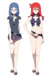  2girls bangs bikini black_choker blue_hair breasts choker closed_mouth dress dress_tug eyebrows_visible_through_hair freckles full_body glasses hair_between_eyes hair_over_shoulder hand_on_hip highres little_witch_academia long_hair looking_at_viewer medium_breasts mismatched_bikini multiple_girls parted_bangs ponytail purple_bikini purple_dress purple_footwear red_eyes redhead satochi_(twitter) shiny_chariot short_dress simple_background smile standing swimsuit thigh_gap ursula_charistes white_background 