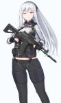  1girl absurdres ak-12 ak-12_(girls_frontline) bangs black_gloves black_pants breasts closed_mouth eyebrows_visible_through_hair girls_frontline gloves gun highres holding holding_weapon holster long_hair looking_at_viewer one_eye_closed pants partially_fingerless_gloves rifle silver_hair smile solo standing topgear uniform violet_eyes weapon white_background 