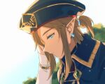  1girl beret blue_eyes blue_headwear brown_hair bush close-up closed_mouth collar commentary_request earrings hair_ornament hat jewelry link long_hair long_sleeves looking_down short_ponytail sidelocks simple_background solo the_legend_of_zelda the_legend_of_zelda:_breath_of_the_wild uniform werlosk white_background 