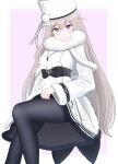  1girl azur_lane belt black_belt black_legwear blue_eyes blush closed_mouth coat cross cross_necklace dress eyebrows_visible_through_hair fur-trimmed_coat fur-trimmed_dress fur_collar fur_trim hand_on_own_thigh heterochromia highres jewelry long_hair looking_at_viewer murmansk_(azur_lane) necklace pantyhose papakha platinum_blonde_hair simple_background sitting solo topgear violet_eyes white_coat white_dress white_headwear winter_clothes 