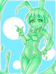  1girl animal_ears border breasts closed_mouth colored_sclera colored_skin curss finger_gun green_eyes green_hair green_leotard green_sclera green_skin green_theme hand_on_hip leotard looking_at_viewer medium_breasts monster_girl original outline playboy_bunny rabbit_ears slime_girl smile solo standing strapless strapless_leotard twintails white_border white_outline wrist_cuffs 