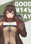  1girl absurdres ahoge bangs black_gloves blush brown_eyes brown_hair brown_jacket character_name english_text eyebrows_visible_through_hair girls_frontline gloves hair_ribbon hand_up highres jacket long_hair looking_at_viewer m14_(girls_frontline) open_clothes open_jacket open_mouth ribbon shirt simple_background solo standing taishi_karibe 