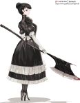 1girl apron axe bamuth black_dress black_hair blue_eyes cross cross_earrings dress earrings gloves hair_bun high_heels highres holding holding_axe jewelry looking_at_viewer looking_back maid maid_apron original shadow solo standing white_background white_gloves 