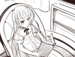  1girl boa_(brianoa) book chair closed_mouth dress gosick greyscale long_hair looking_at_viewer monochrome solo victorica_de_blois 