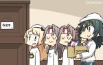  4girls :3 alternate_costume bangs blonde_hair box cardboard_box closed_eyes dated door dual_persona eyebrows_visible_through_hair eyepatch green_hair hachimaki hamu_koutarou hat headband highres holding holding_box jervis_(kancolle) kantai_collection kiso_(kancolle) light_brown_hair long_hair multiple_girls open_mouth pants ponytail remodel_(kantai_collection) shirt sidelocks smile track_pants white_headwear white_shirt zuihou_(kancolle) 