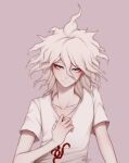  1boy absurdres artist_name bangs closed_mouth collarbone commentary dangan_ronpa_(series) dangan_ronpa_2:_goodbye_despair gomicake grey_background hair_between_eyes hand_up highres komaeda_nagito looking_at_viewer male_focus medium_hair messy_hair print_shirt shirt short_sleeves simple_background smile solo upper_body white_hair 